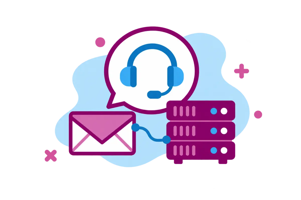 A speech bubble with a headset, an envelope and a server — contacting technical support