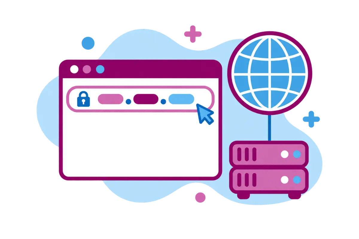 A browser window with a domain address connected to a globe and a DNS server